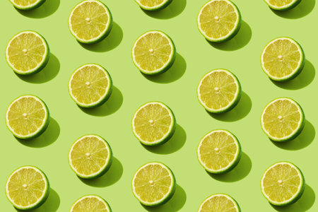 Modern pattern with lime slices on a green background illuminated by bright summer sunlight - Pop art design minimal creative concept - Flat lay compositionの写真素材