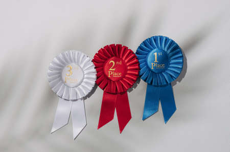 Winner success trending concept. Three rosette on a gray background and the shadow of a palm tree.