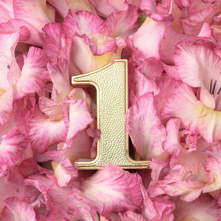 Leader's Award First Place for Achievement and Success. Gold award numeral one in pink petals.の写真素材