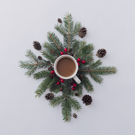 A cup of hot drink and pine branches with cones and berries. Winter minimal holiday concept.の写真素材