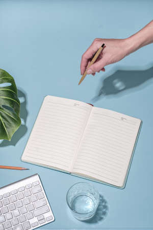 Office workstation on blue with keyboard, glass of water, potted plant and open notebook on blue...