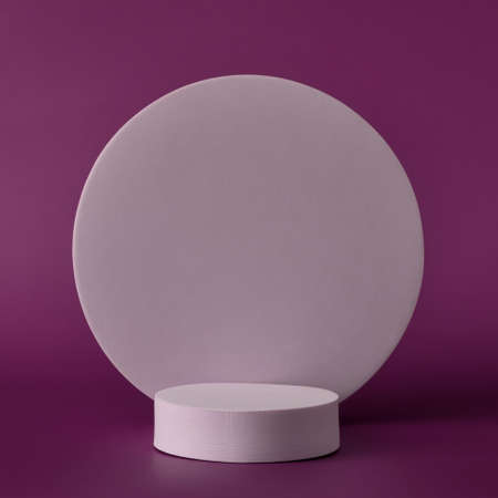 Presentation purple background with a white round podium in front of a blank plate for copy space as symbol for quality and simplicityの写真素材