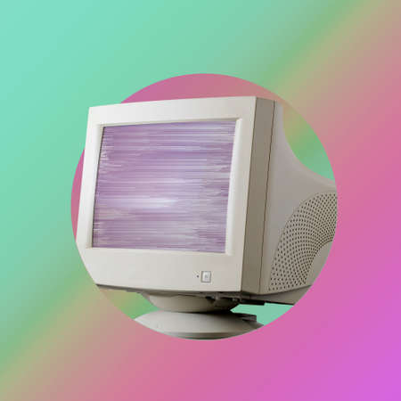 Retro-style collage with mouse cursor of computer monitor with neon palm grid. Concept of steam...
