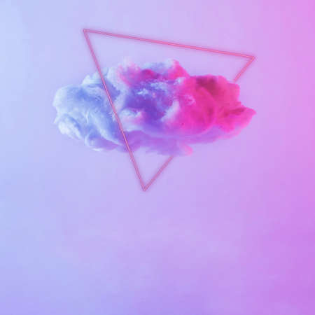Futuristic surreal cloud and laser triangle and neon retro light and color. Concept of Internet...