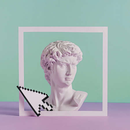 Framed white bust of a Greek or Roman man in antique style with digital pointer over a green and purple backgroundの写真素材