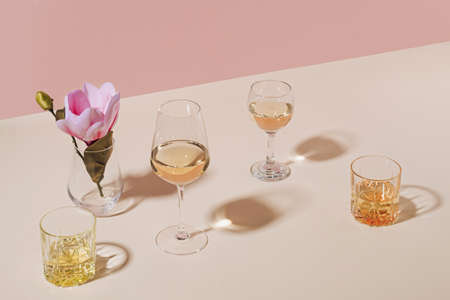 Assorted beverages or alcoholic drinks served in stylish glasses with flower on table with copy spaceの写真素材