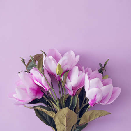 Bouquet of purple flowers on a matching background with copy space for your greeting in square formatの写真素材