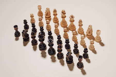 Two complete chess sets arranged in neat rows viewed high angle on white with copyspaceの写真素材