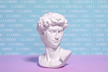 The concept of digital art on the Internet code web display and bust of the statue of David in cyberpunk styleの写真素材