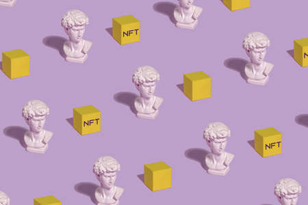 Pattern statue of Roman bust of David and blocks blockchain cryptocurrency NFT innovative payments...