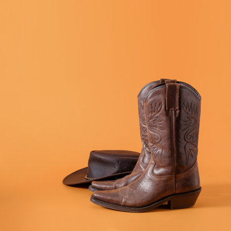 Boots and hat of texas wild west american cowboy as minimal creative concept and rural rodeo and farm symbol.の写真素材