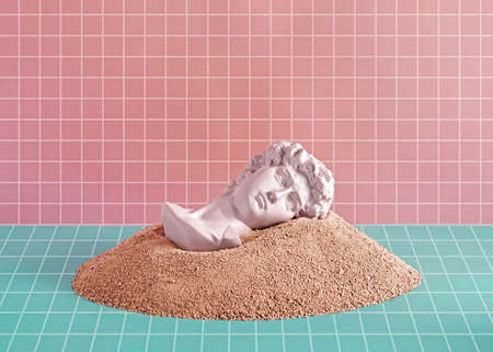 Sculpture of Michelangelo's David's head lies and dreams in the sand and futuristic digital background NFT and vaporwave. Minimal pastel concept of archeology and metaverse and cyberpunk pop.の写真素材