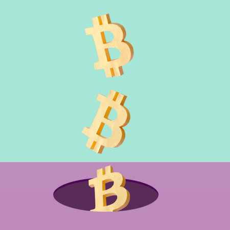 Bitcoin levitation falling into a hole as a minimal creative concept of profit and loss or success and risk in the cryptocurrency market with blockchain technology.の写真素材