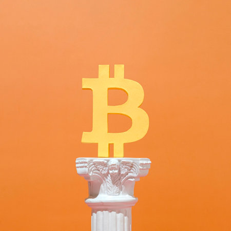 Bitcoin blockchain mining and cryptocurrency concept with antique historical classic column as podium and pedestal.の写真素材