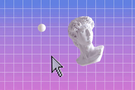 Vaporwave and synthwave minimal concept David statue head and collage with mouse cursor and circle on purple background.の写真素材