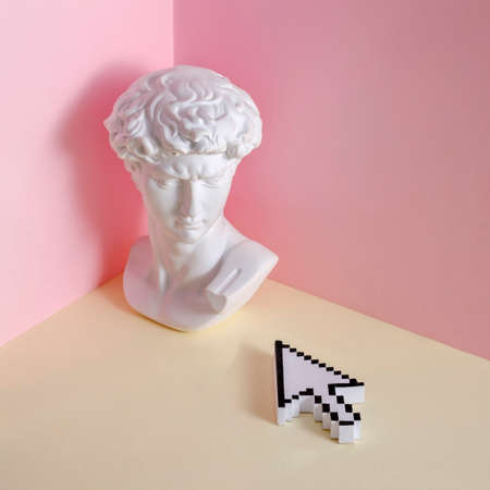 Statue bust head of Michelangelo's David in corner or cul-de-sac as problem concept and pixel mouse pointer cursor. Minimal pastel creative concept.の写真素材