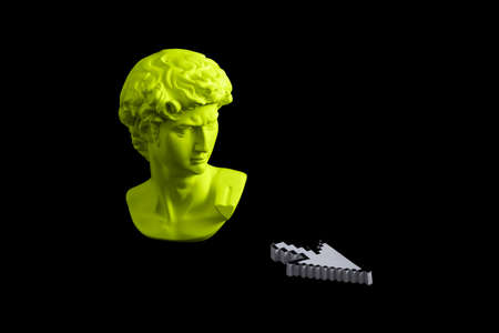 Green surreal head of David statue and mouse cursor on black background. Minimal trend vaporwave concept.の写真素材