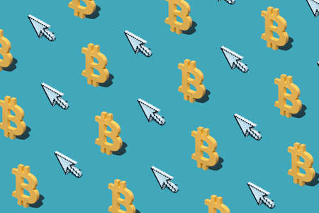 Bitcoin cryptocurrency and internet digital money and pixelated mouse pointer. Minimal financial modern pattern.の写真素材