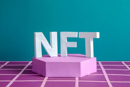NFT on the podium as a minimum concept of a blockchain token for online business and investment and virtual transactionsの写真素材