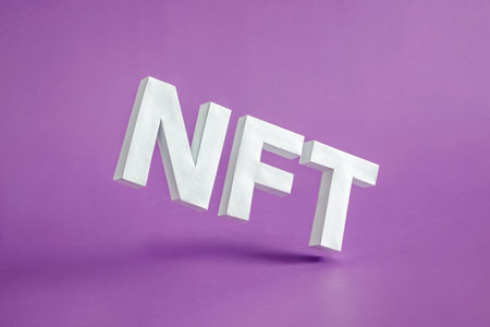 NFT 3D text on a purple background in levitation. Minimal concept of modern innovations and technologies. High quality photoの写真素材