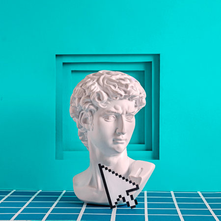 David and the mouse monitor pop atr in a graphic cyber vaporway space with pixels and a frame on the background. High quality photoの写真素材