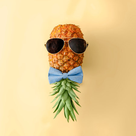 Playful pineapple in sunglasses and bow tie. Minimal concept of tropical fruits of summer and fashion. High quality photoの写真素材
