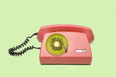 Playful retro phone with a disc of fruit kiwi. Stylish pop art concept about technology and fruits. High quality photoの写真素材