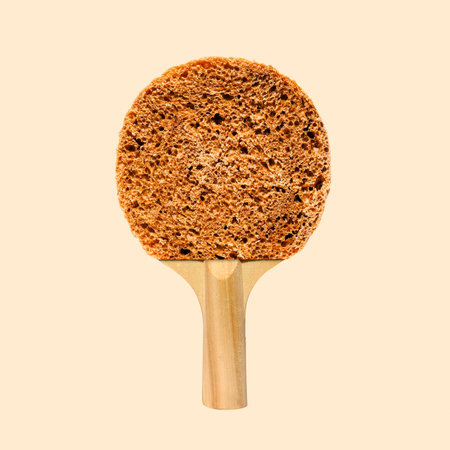 Playful collage round bread breakfast and table tennis racket  on a yellow background. A crazy concept of food and sports entertainment. High quality photoの写真素材