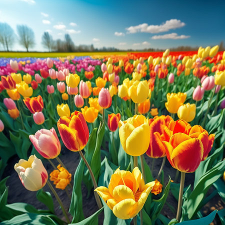 Tulips in spring in the field on a sunny day with blue skies. The concept of spring, awakening and new beginnings. Generative AI.の素材
