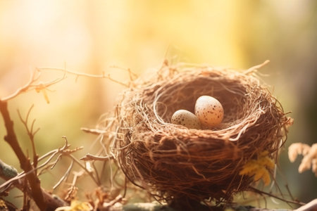 A nest with bird eggs in the forest in the spring and sunny light. The concept of the birth of a new life and new beginnings. High quality photoの素材