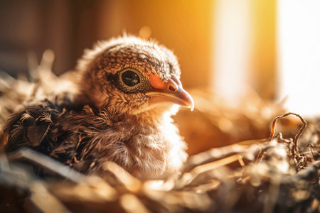 A small cute chick in its nest and bright rays of the sun. The concept and idea of the beginning of a new life and new beginnings, as well as wildlife and its preservation. Generative AIの素材