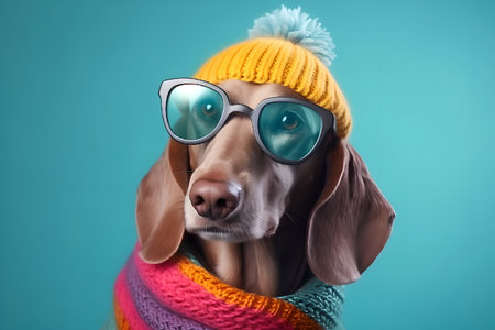 Cool dachshund dog in glasses, sweater and hat with bubo. Minimal creative concept of fashion and beauty. Generative AI.の素材
