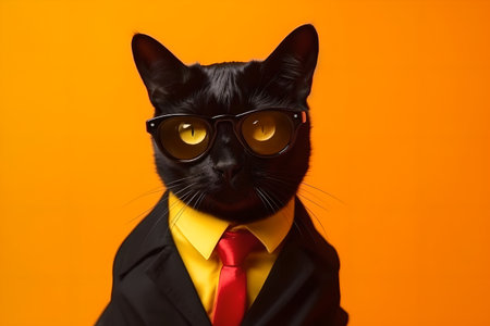Black fashion business cat with glasses on a bright yellow background. Generative AIの素材