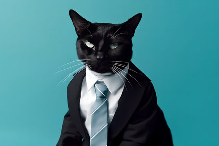 Stylish fashionable business cat in a black jacket and tie on a blue pastel background in the studio. Creative concept of fashion and business. Generative AI.の素材