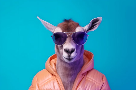 Stylish cool goat in an orange jacket with a hood on a blue background in a studio wearing sunglasses. Generative AI.の素材