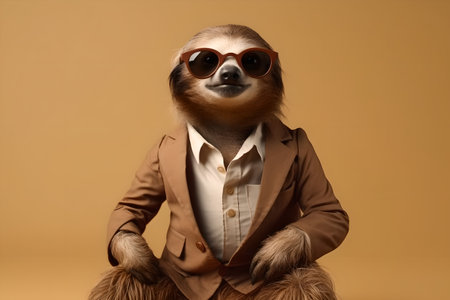 Cool sloth in a business suit and shirt with glasses on a beige background. Generative AI.の素材