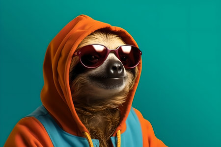Cool sloth in hoodie and sunglasses. Generative AI.の素材