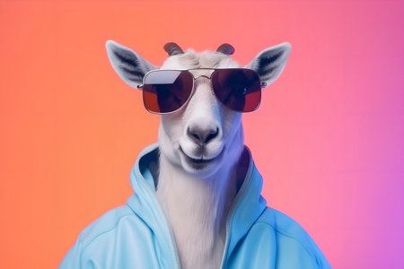 Cool goat with horns in a blue hoodie jacket and sunglasses on an orange background. Generative AI.の素材
