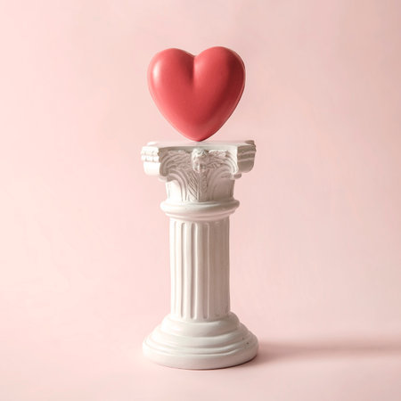 An antique Roman column with the symbol of the romantic heart. A minimal playful concept about a couple's love and relationship. High quality photoの写真素材