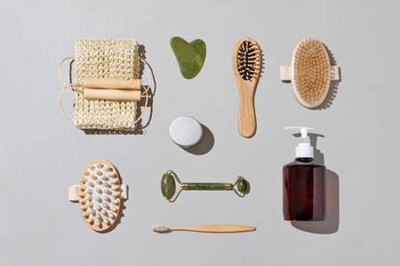 Plastic free personal care and hygiene accessories. Natural wooden brushes soap and massage roller. High quality photoの写真素材