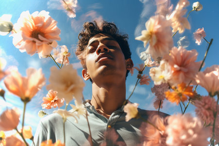 Young latino man with closed eyes and retro flowers in the field and blue sky. The concept of mental and emotional health and self-care. Generated AI.の素材