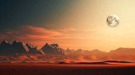 Night dramatic desert landscape with mountains and moon in the skyの素材