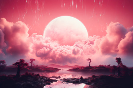 A surreal future strange landscape with a bright planet and cloudsの素材