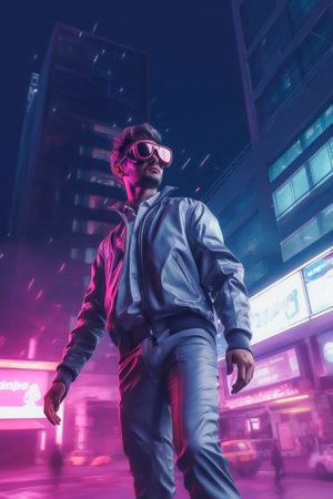 A man in a virtual night neon city cyberpunk in VR glasses looks confidentの素材