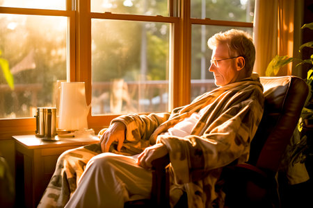 An elderly man in tranquility in the morning in the sunlight sits near the window in an armchair, thoughtful to take care of his mental healthの素材