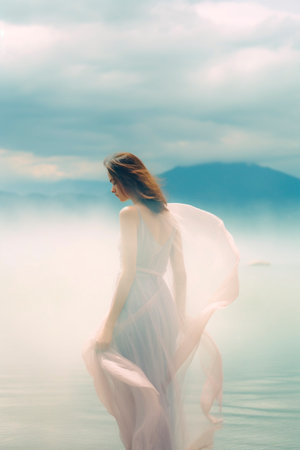 A young woman by the lakeside, wearing a simple white dress, as the breeze gently ruffles her clothing. A representation of mental well-beingの素材