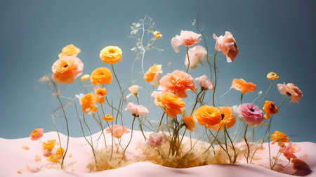 Orange and pink beautiful pastel flowers in pink sandの素材