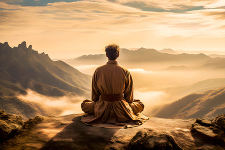 A man in a beautiful landscape in the mountains in tranquility sits and meditates and reflects and takes care of his mental healthの素材