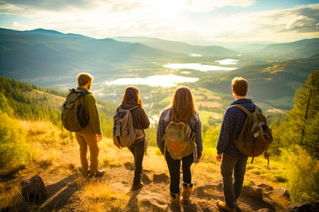 Group of Friends Contemplating the Valley Viewの素材