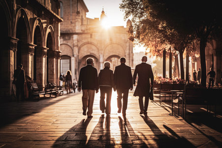 Friends Walking in Historic City at Sunsetの素材